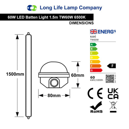 60w 5ft LED Batten Tube Light Non Corrosive IP Rated Triproof Fitting T8 Fluorescent Replacement - Energy Light Bulbs - Free delivery on all orders