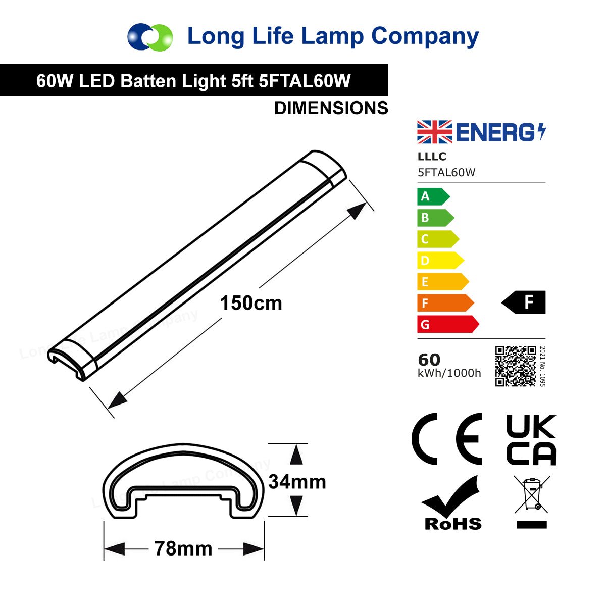 60w 5ft Ultra Slim LED Batten Tube Light Replacement for T8 Fluorescent Tube - Energy Light Bulbs - Free delivery on all orders