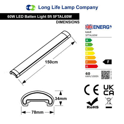 60w 5ft Ultra Slim LED Batten Tube Light Replacement for T8 Fluorescent Tube - Energy Light Bulbs - Free delivery on all orders