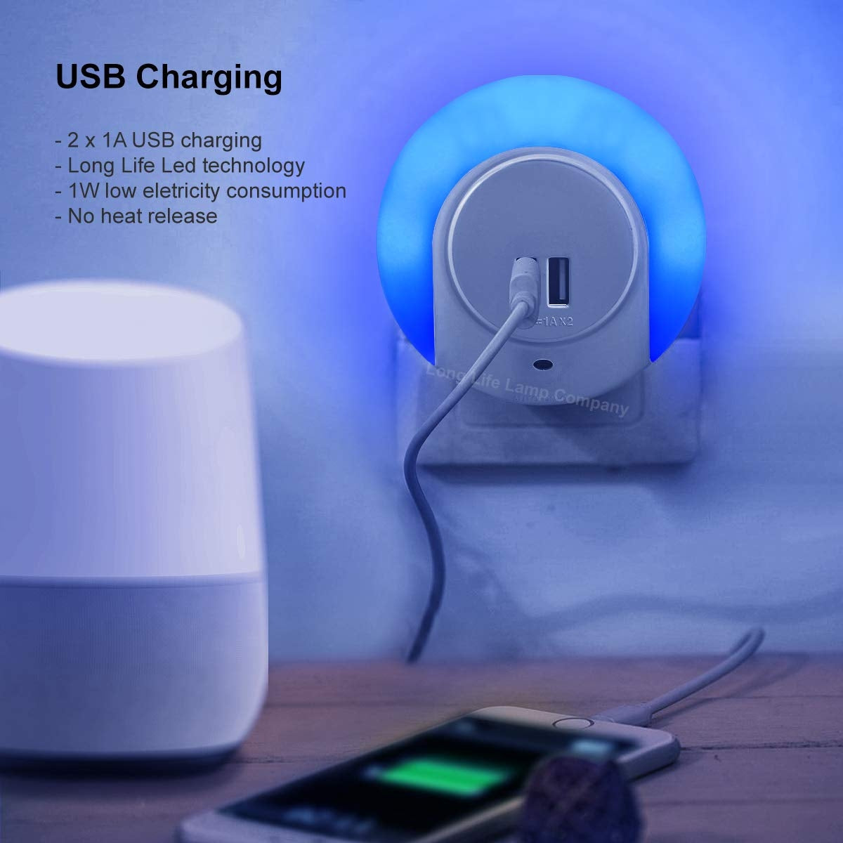 1w Blue LED Night Light 2 USB Ports Automatic Sensor Dusk To Dawn A78B - Free delivery on all orders