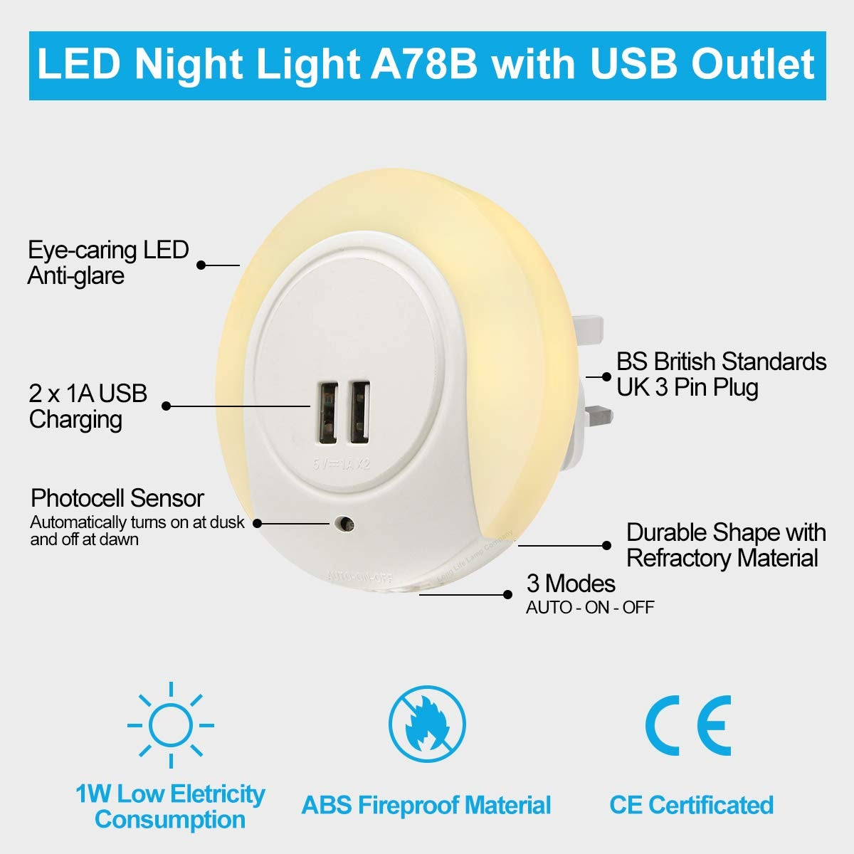1w Warm White LED Night Light 2 USB Ports Automatic Sensor Dusk To Dawn A78B - Free delivery on all orders