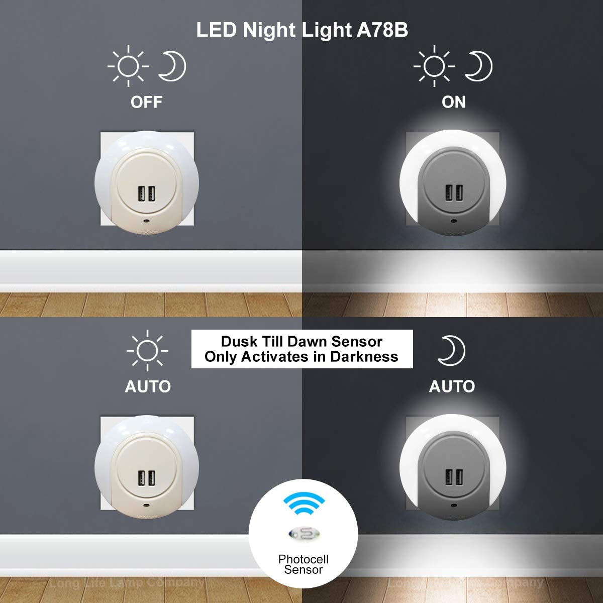 1w White LED Night Light 2 USB Ports Automatic Sensor Dusk To Dawn A78B - Free delivery on all orders