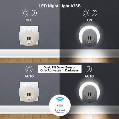 1w White LED Night Light 2 USB Ports Automatic Sensor Dusk To Dawn A78B - Free delivery on all orders