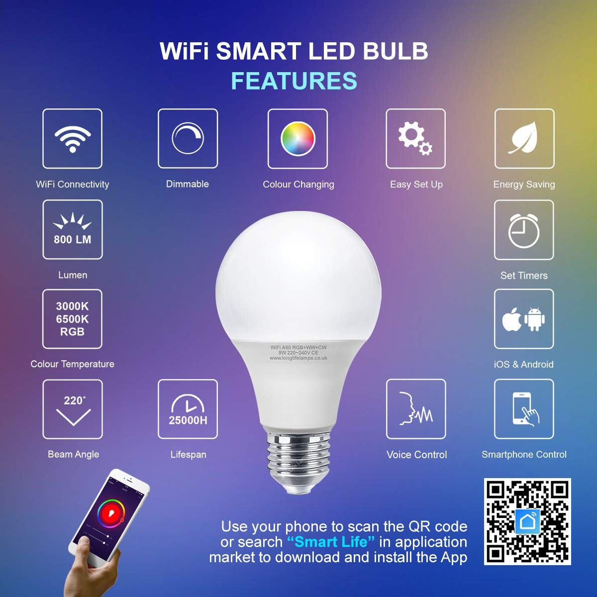WiFi Smart Bulbs | 9W E27 LED Smart WiFi Light Bulb Colour Changing Mood Lamp