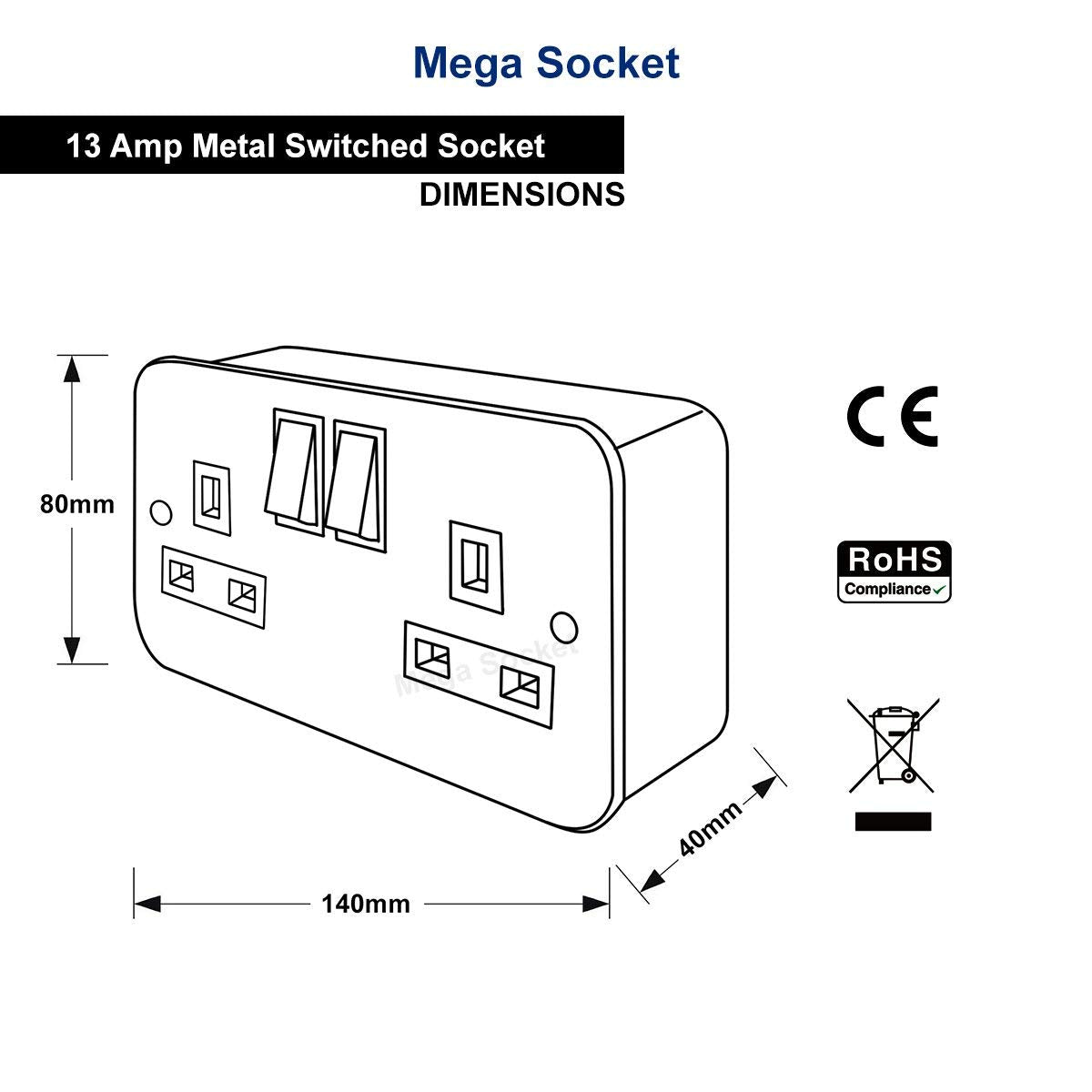 13 Amp Metal Clad Socket 2 Gang Switched Socket Outlet - Free delivery on all orders