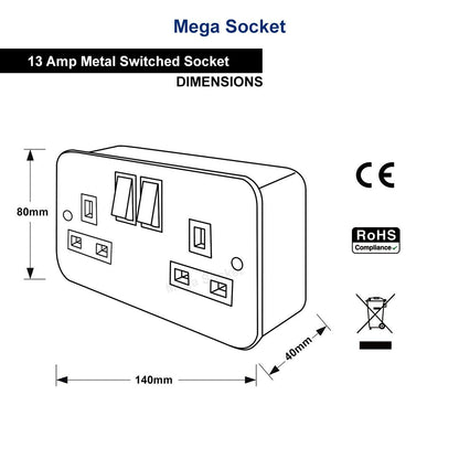 13 Amp Metal Clad Socket 2 Gang Switched Socket Outlet - Free delivery on all orders