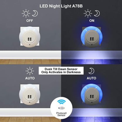 1w Blue LED Night Light 2 USB Ports Automatic Sensor Dusk To Dawn A78B - Free delivery on all orders
