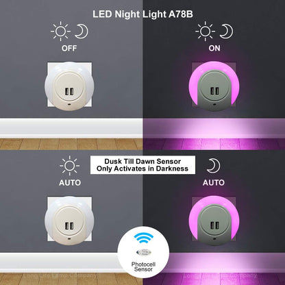 1w Pink LED Night Light 2 USB Ports Automatic Sensor Dusk To Dawn A78B - Free delivery on all orders