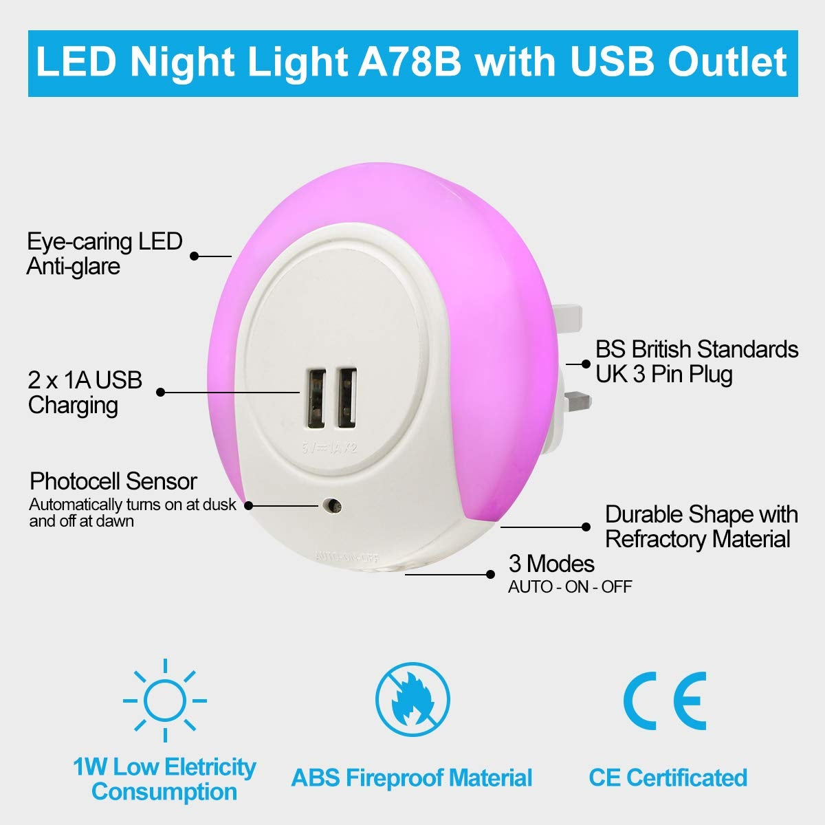 1w Pink LED Night Light 2 USB Ports Automatic Sensor Dusk To Dawn A78B - Free delivery on all orders
