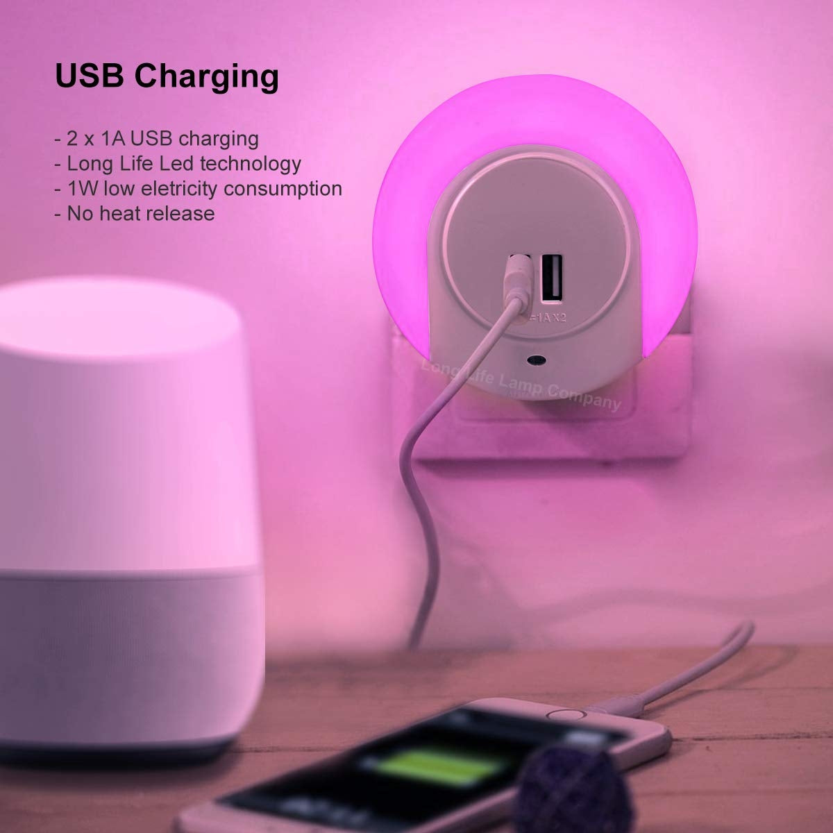 1w Pink LED Night Light 2 USB Ports Automatic Sensor Dusk To Dawn A78B - Free delivery on all orders