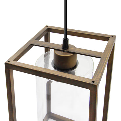 E27 Antique Brass Box Lantern Pendant Light 60W Clear Glass