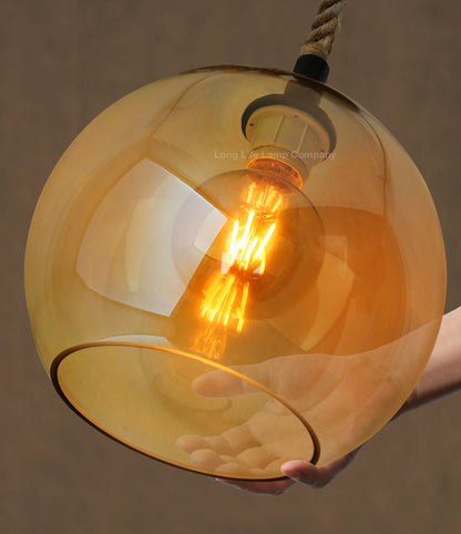 Vintage Industrial Amber Smoked Rope Glass Globe Ceiling Pendant Lamp H3007