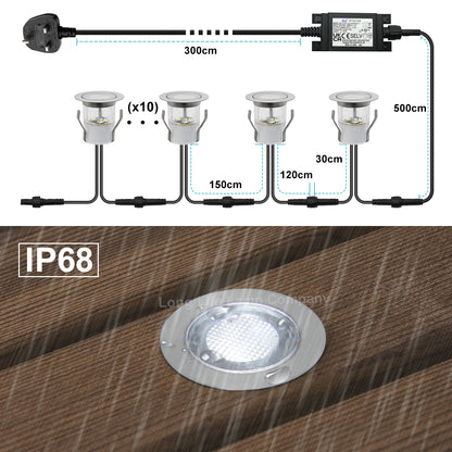IP68 Outdoor LED Decking Lights 30mm Round Cool White 6500k 10 Kit DEC10CW