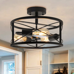 Round 3-Light Industrial Ceiling Lantern Semi Flush Mount Black Shade