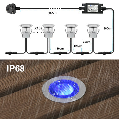 IP68 Outdoor LED Decking Lights 30mm Round Blue 10 Kit DEC10BL