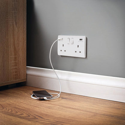 USB Double Wall Plug Socket 2 Gang 13A with 2 USB Charger Port Outlets White Socket Plate - Free delivery on all orders
