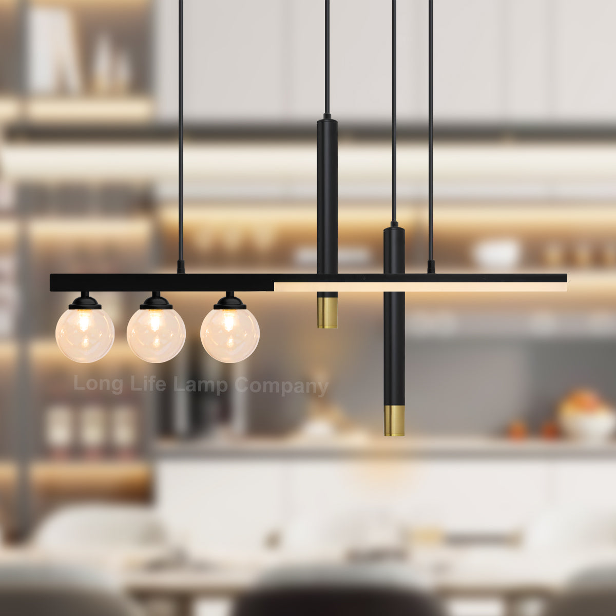 LED Bar 5 Light Black Ceiling Pendant Light Mini Glass Globes Slim Tubular