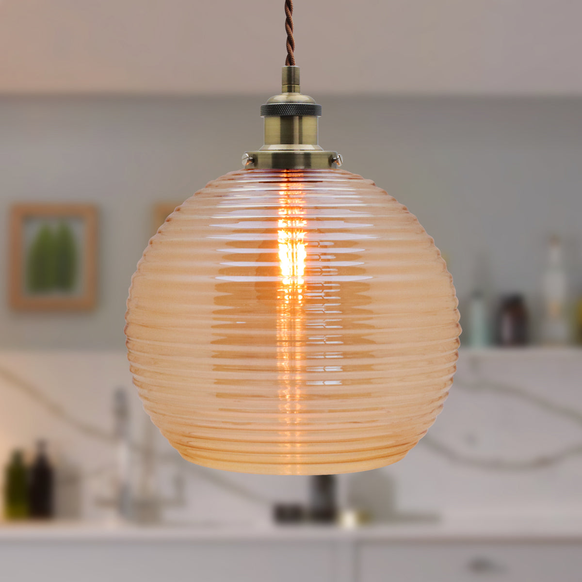 Modern Vintage Smoked Gold Ribbed Glass Globe Ceiling Pendant Lamp Shade