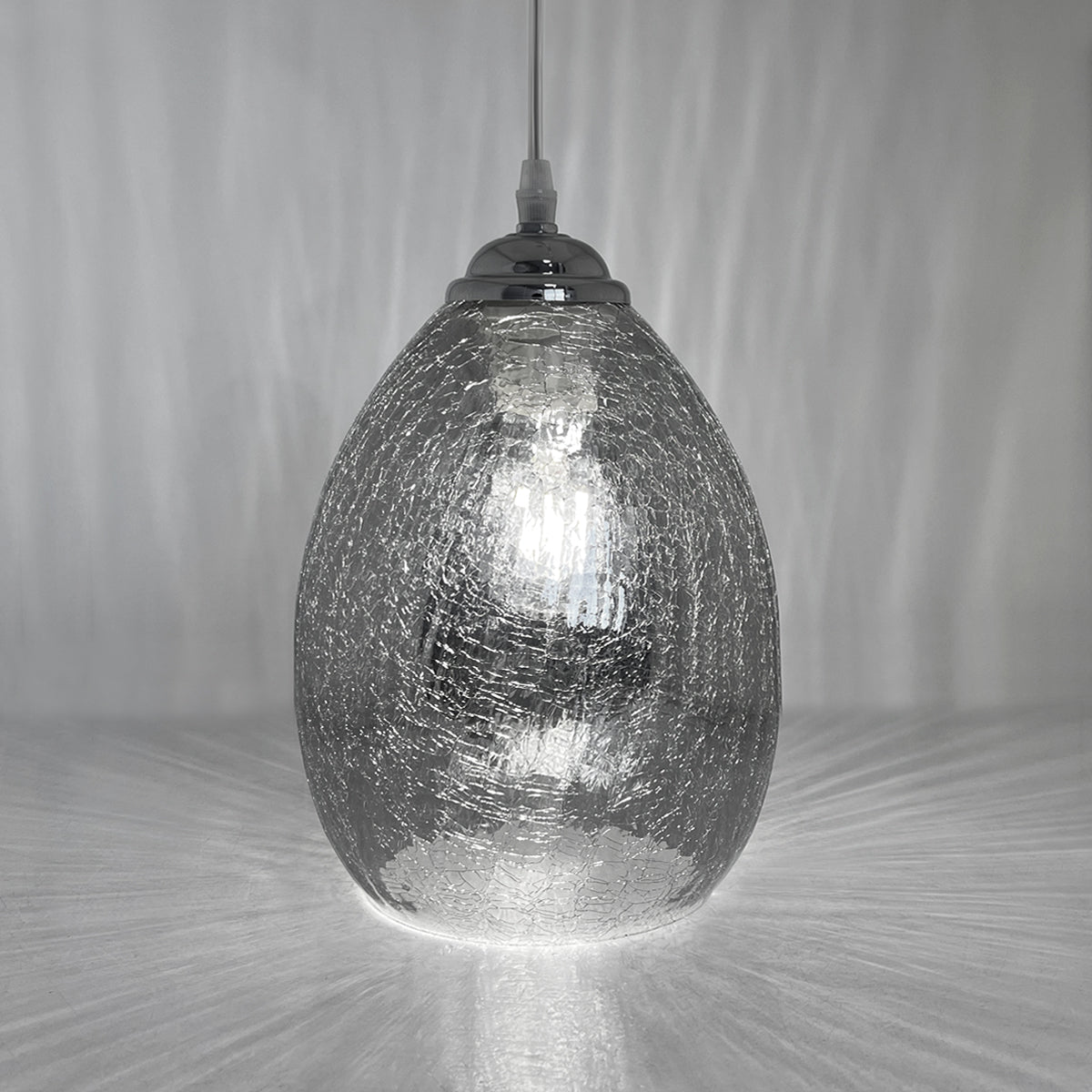 Retro Chrome Ceiling Pendant Light Fixture Grey Cracked Glass Oval Lamp shade