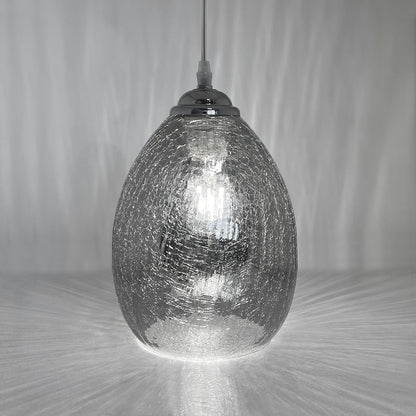 Retro Chrome Ceiling Pendant Light Fixture Grey Cracked Glass Oval Lamp shade