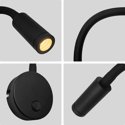 3W LED Adjustable Black Wall Mounted Reading Light with Flexible Arm Warm White 3000K