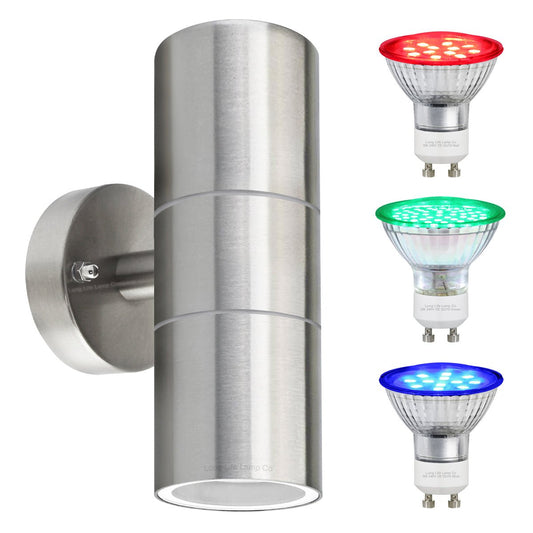 Buy 6W coloured LED twin outdoor wall light with stainless steel finish and IP65 weatherproof protection