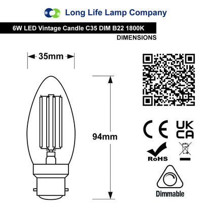 6w Dimmable LED Candle B22 Filament Light Bulb Bayonet Cap Amber Glass - Energy Light Bulbs - Free delivery on all orders