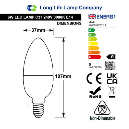 6w Frosted Cover LED Candle Warm White 3000K 2Pack Or 4Pack Or 10Pack - Energy Light Bulbs - Free delivery on all orders