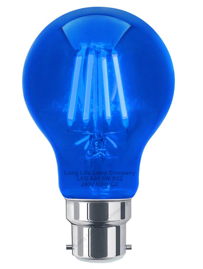 6W LED BLUE Light Bulb B22 Bayonet BC Glass A60 - Energy Light Bulbs - Free delivery on all orders