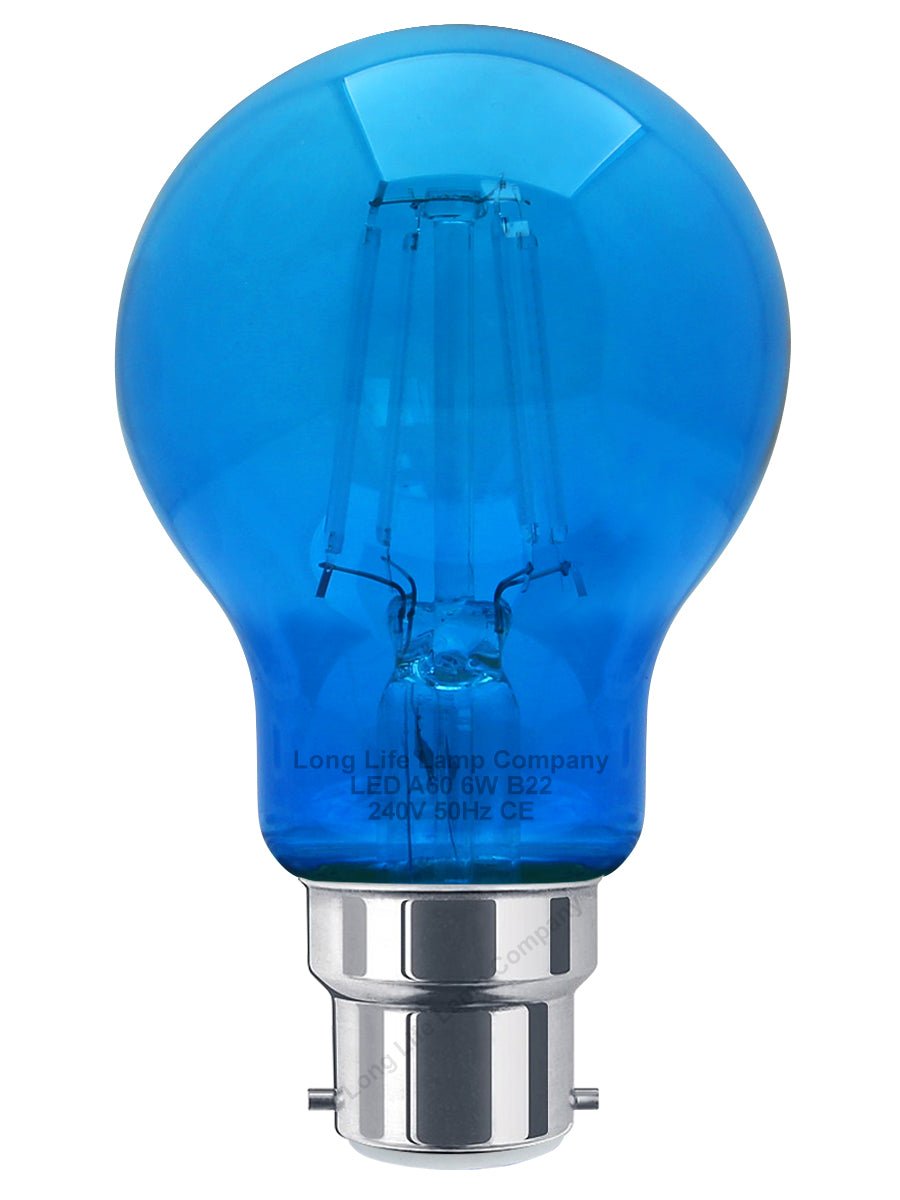6W LED BLUE Light Bulb B22 Bayonet BC Glass A60 - Energy Light Bulbs - Free delivery on all orders