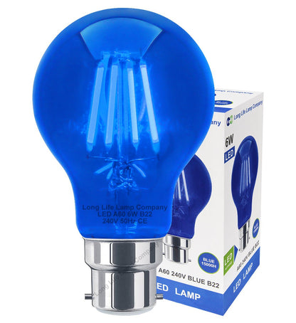 6W LED BLUE Light Bulb B22 Bayonet BC Glass A60 - Energy Light Bulbs - Free delivery on all orders