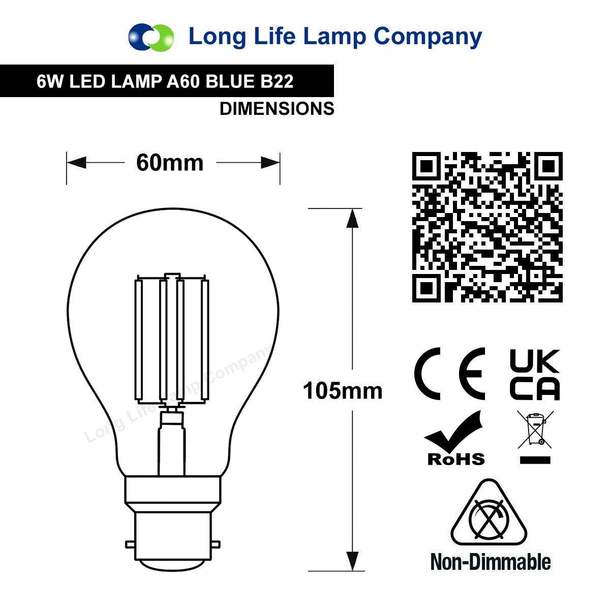 6W LED BLUE Light Bulb B22 Bayonet BC Glass A60 - Energy Light Bulbs - Free delivery on all orders