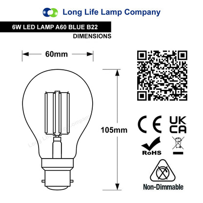 6W LED BLUE Light Bulb B22 Bayonet BC Glass A60 - Energy Light Bulbs - Free delivery on all orders