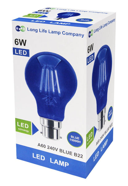6W LED BLUE Light Bulb B22 Bayonet BC Glass A60 - Energy Light Bulbs - Free delivery on all orders