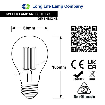6W LED BLUE Light Bulb E27 Screw Cap Glass A60 - Energy Light Bulbs - Free delivery on all orders