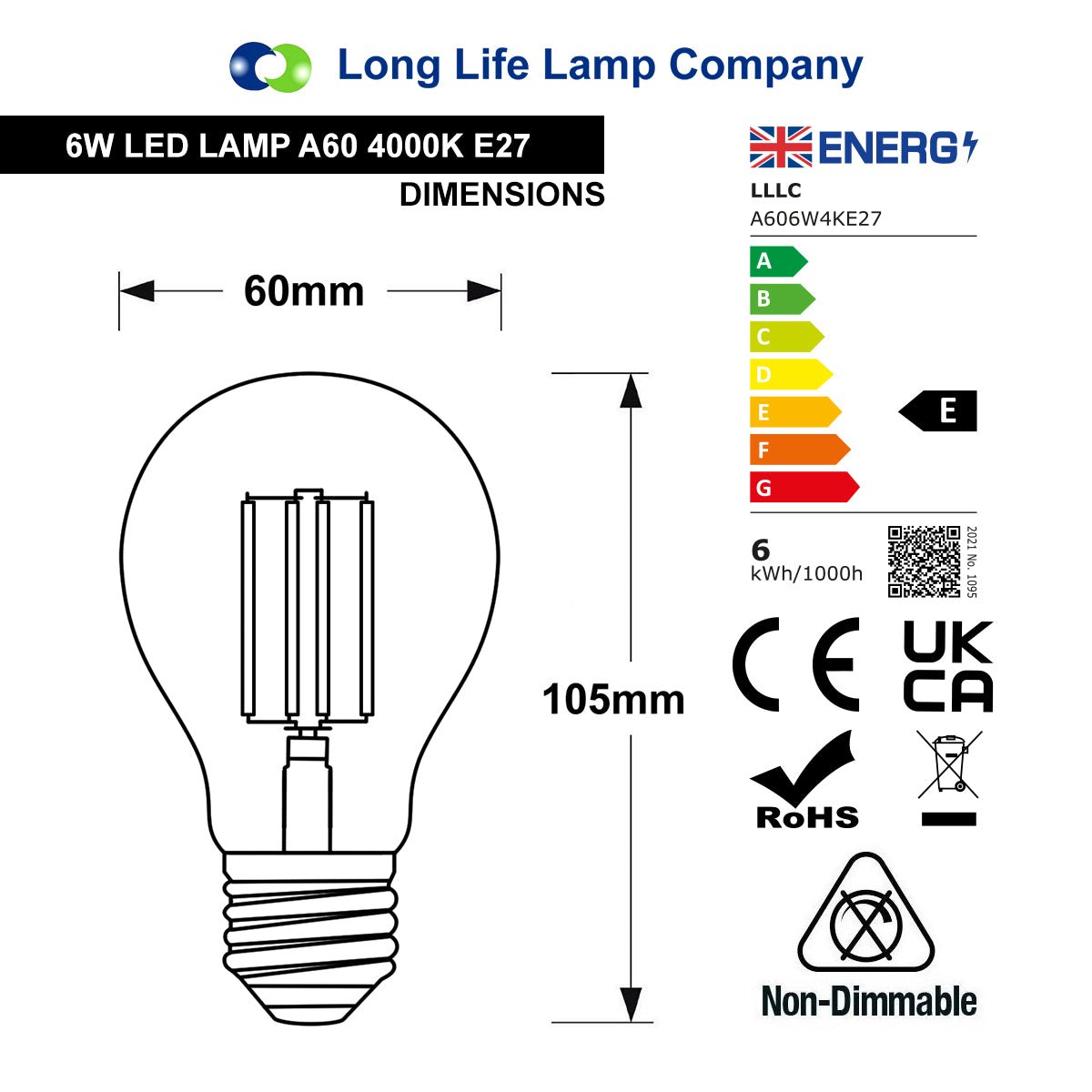 6W LED Filament A60 Light Bulb 4000k E27 Clear Glass 2 or 4 or 6 or 10 Pack