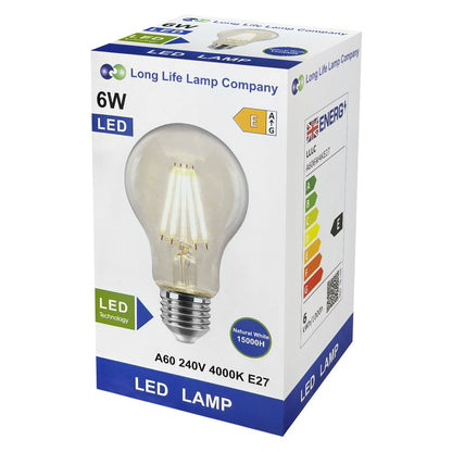 6W LED Filament A60 Light Bulb 4000k E27 Clear Glass 2 or 4 or 6 or 10 Pack