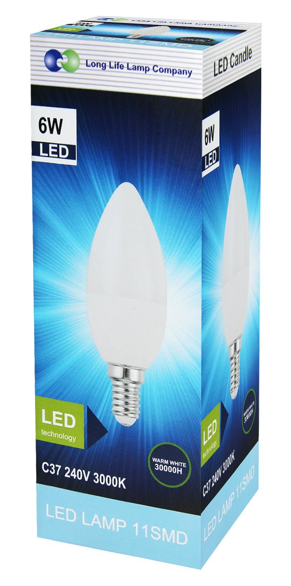 6W LED Frosted Candle B22 or E14 Equivalent 50W Warm White 3000K - Energy Light Bulbs - Free delivery on all orders