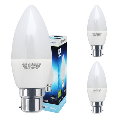 6W LED Frosted Candle B22 or E14 Equivalent 50W Warm White 3000K - Energy Light Bulbs - Free delivery on all orders