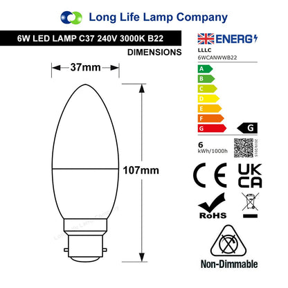 6W LED Frosted Candle B22 or E14 Equivalent 50W Warm White 3000K - Energy Light Bulbs - Free delivery on all orders