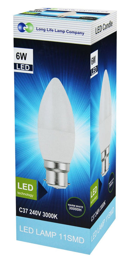6W LED Frosted Candle B22 or E14 Equivalent 50W Warm White 3000K - Energy Light Bulbs - Free delivery on all orders