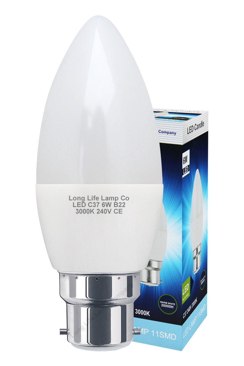6W LED Frosted Candle B22 or E14 Equivalent 50W Warm White 3000K - Energy Light Bulbs - Free delivery on all orders