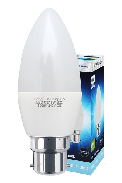 6W LED Frosted Candle B22 or E14 Equivalent 50W Warm White 3000K - Energy Light Bulbs - Free delivery on all orders