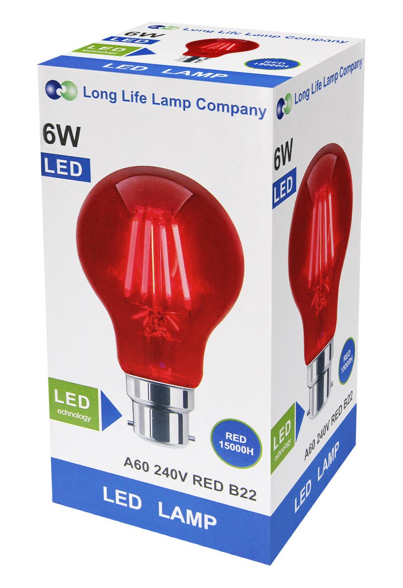 6W LED RED Light Bulb B22 Bayonet BC Glass A60 - Energy Light Bulbs - Free delivery on all orders