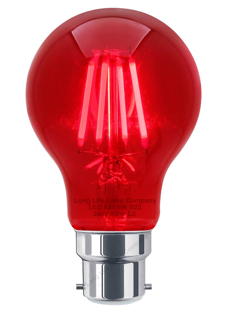 6W LED RED Light Bulb B22 Bayonet BC Glass A60 - Energy Light Bulbs - Free delivery on all orders