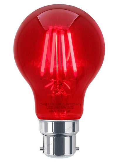 6W LED RED Light Bulb B22 Bayonet BC Glass A60 - Energy Light Bulbs - Free delivery on all orders