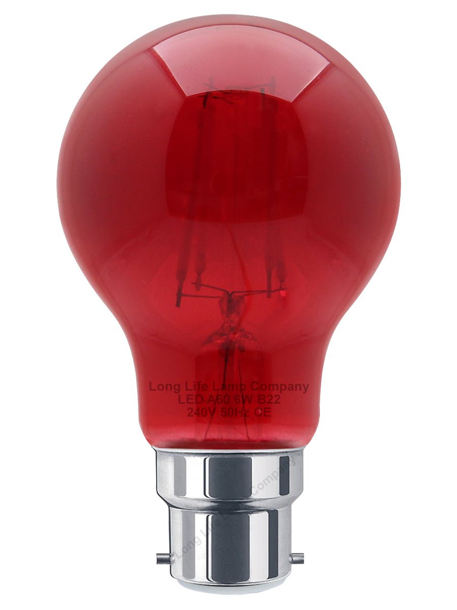 6W LED RED Light Bulb B22 Bayonet BC Glass A60 - Energy Light Bulbs - Free delivery on all orders