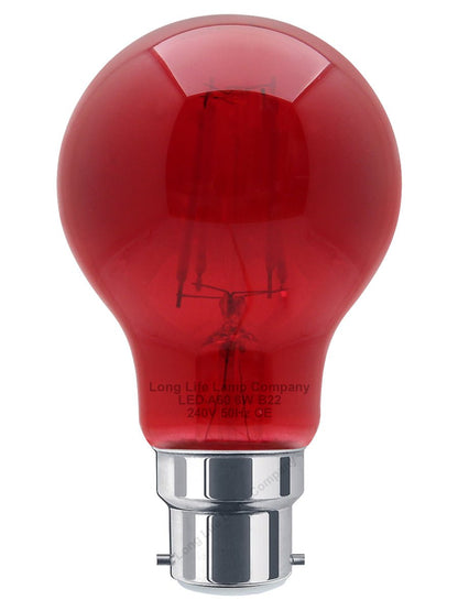 6W LED RED Light Bulb B22 Bayonet BC Glass A60 - Energy Light Bulbs - Free delivery on all orders