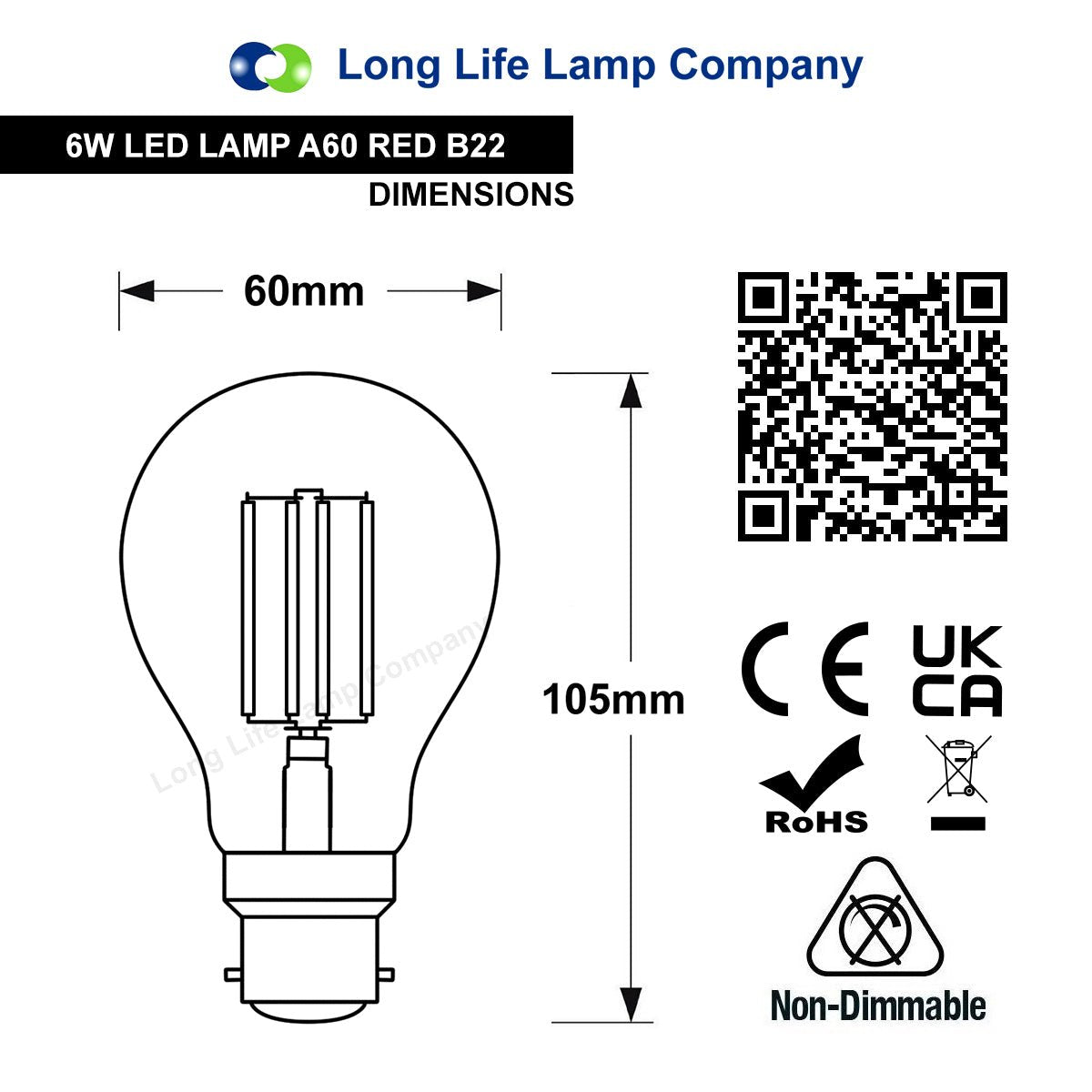6W LED RED Light Bulb B22 Bayonet BC Glass A60 - Energy Light Bulbs - Free delivery on all orders