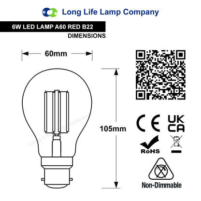 6W LED RED Light Bulb B22 Bayonet BC Glass A60 - Energy Light Bulbs - Free delivery on all orders